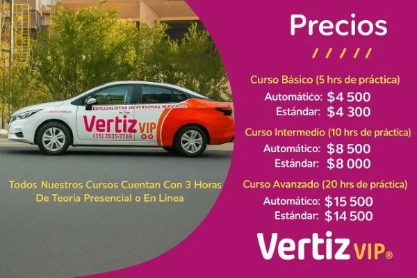 Cartel publicitario con los precios de los cursos de manejo básico, intermedio y avanzado de la escuela de manejo en Zapopan